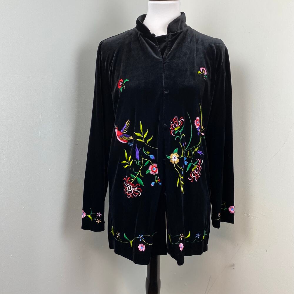 Susan Graver Black Velour Floral Embroidered Button Down Top Kimono Jacket Small - Picture 2 of 10